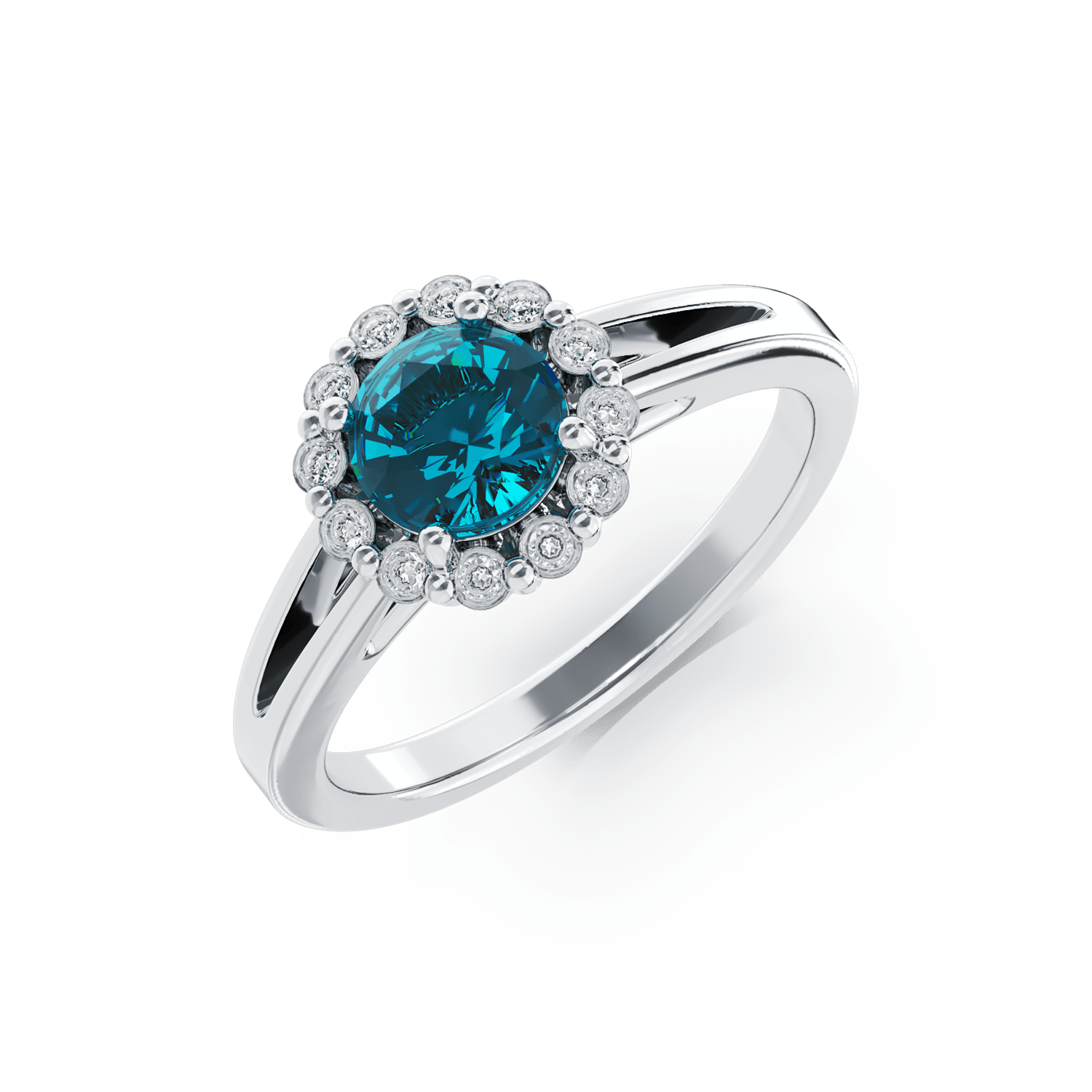 Inel de logodna din aur alb de 18K cu diamant albastru de 0.4ct si diamante de 0.18ct