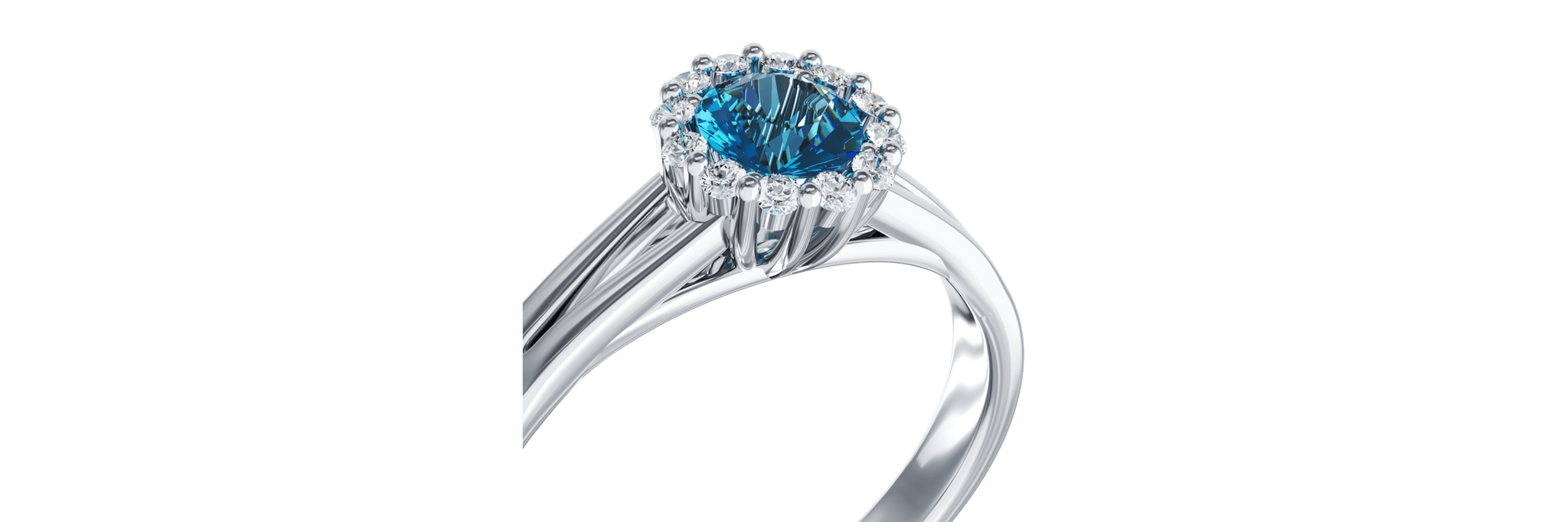 Inel de logodna din aur alb de 18K cu diamant albastru de 0.33ct si diamante de 0.1ct