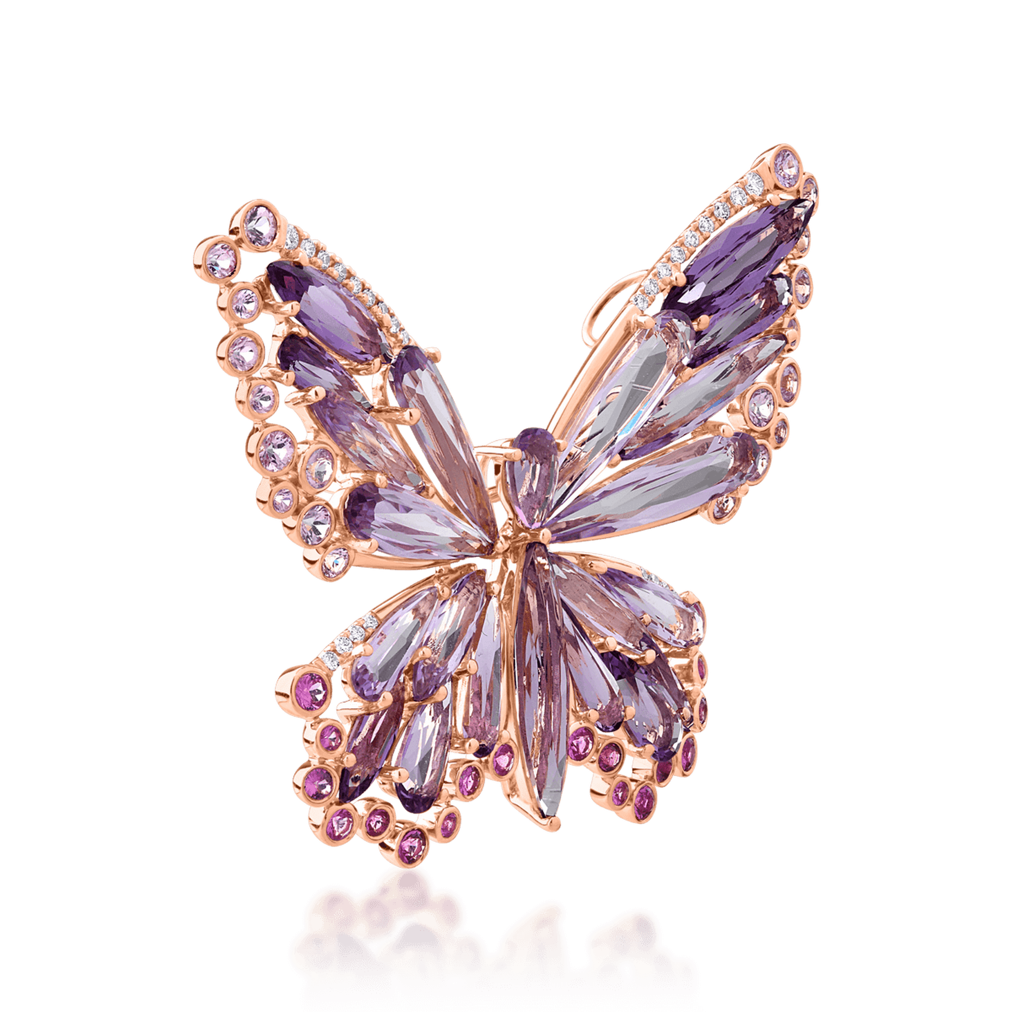 Brosa fluture din aur roz de 18K cu pietre pretioase si semipretioase de 15.85ct