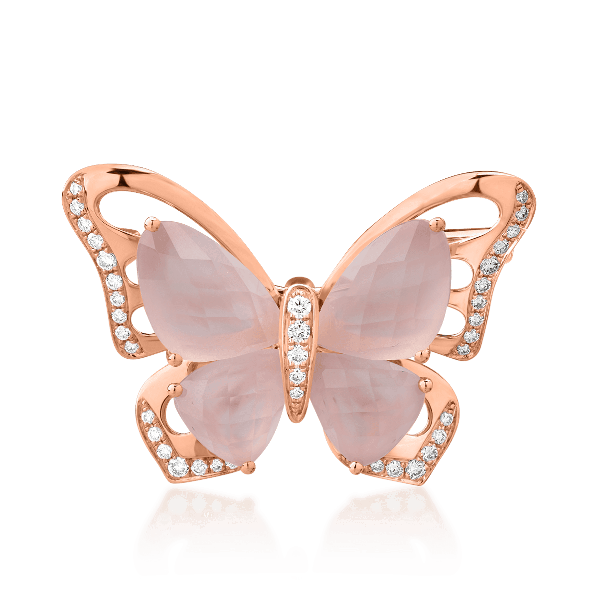 Brosa fluture din aur roz de 18K cu quartz trandafiriu de 11.8ct si diamante de 0.39ct