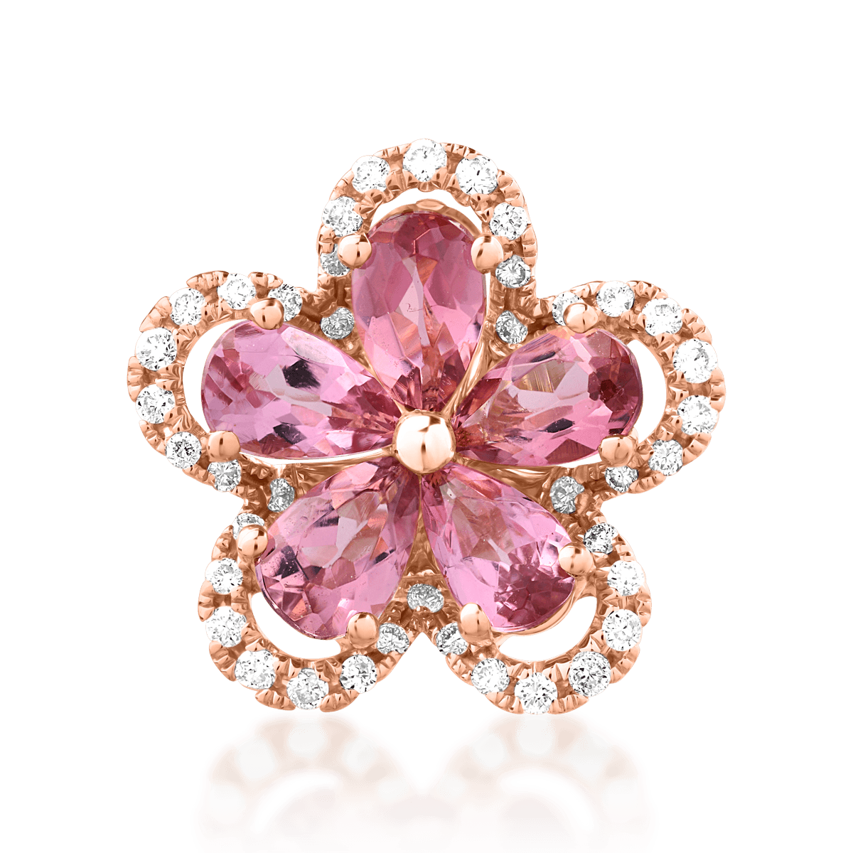 Pandant floare din aur roz de 18K cu turmaline roz de 0.9ct si diamante de 0.15ct