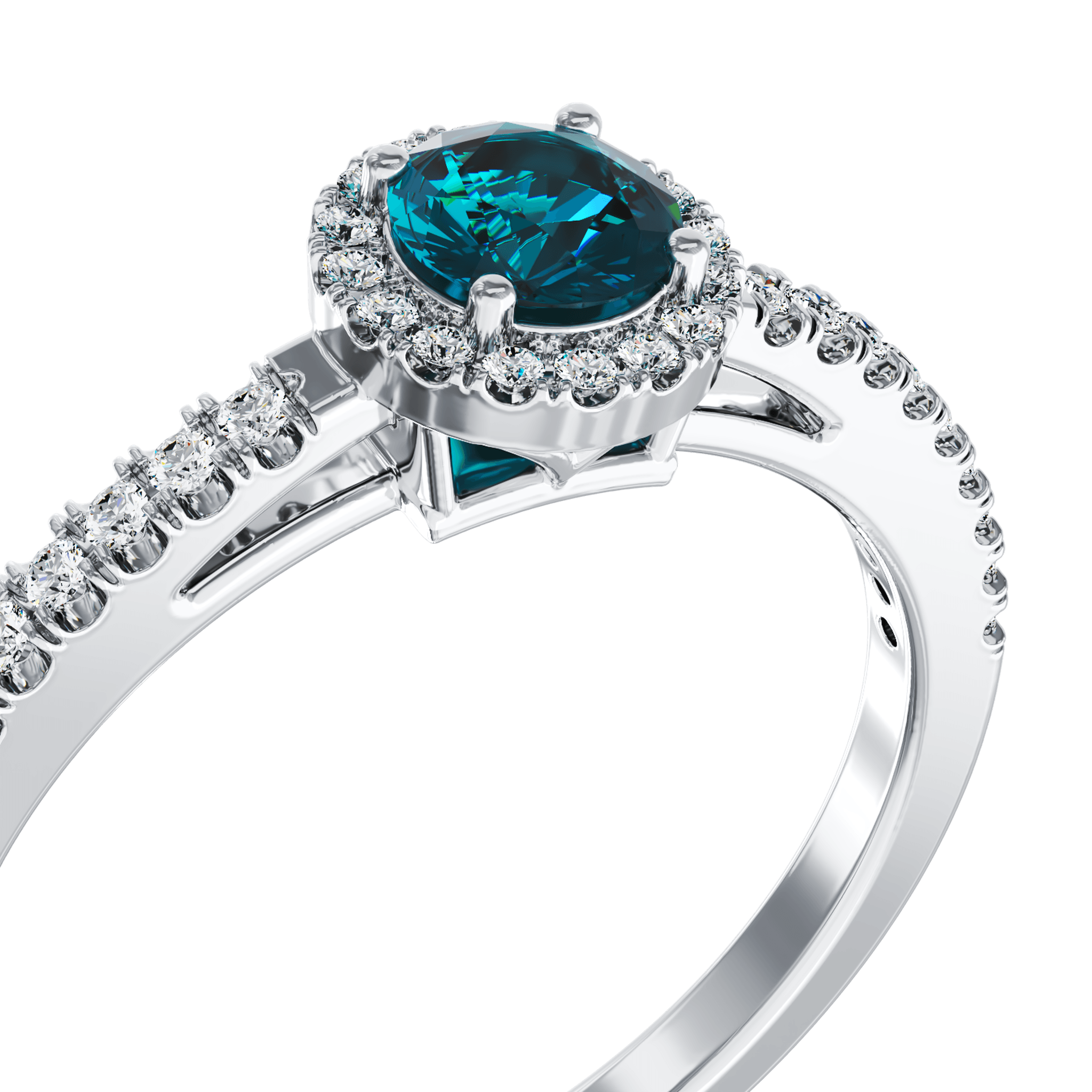 Inel de logodna din aur alb de 18K cu diamant albastru de 0.3ct si diamante transparente de 0.2ct