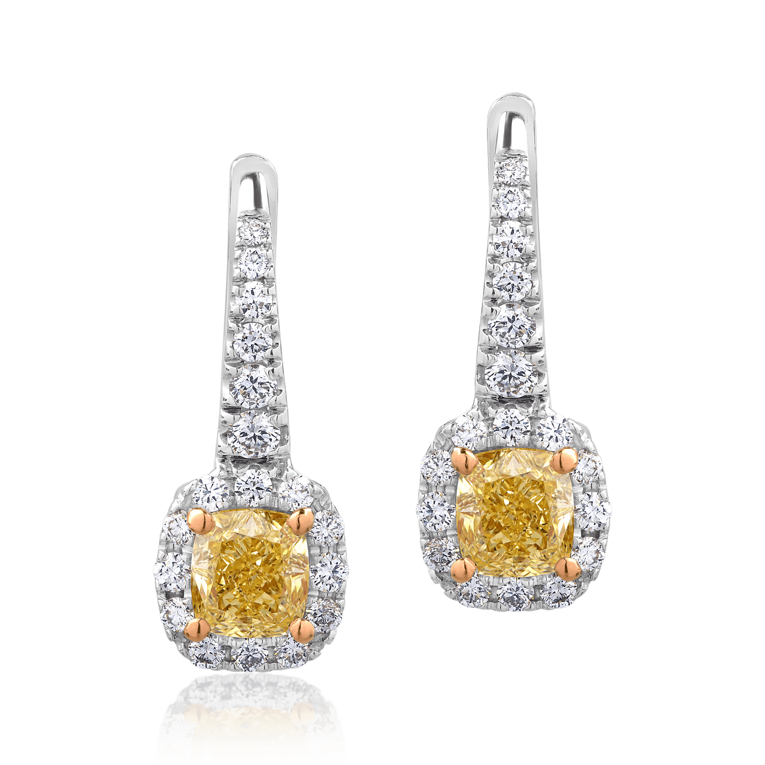 Cercei din aur alb de 18K cu diamante fancy-galbene de 1.19ct si diamante transparente de 0.52ct