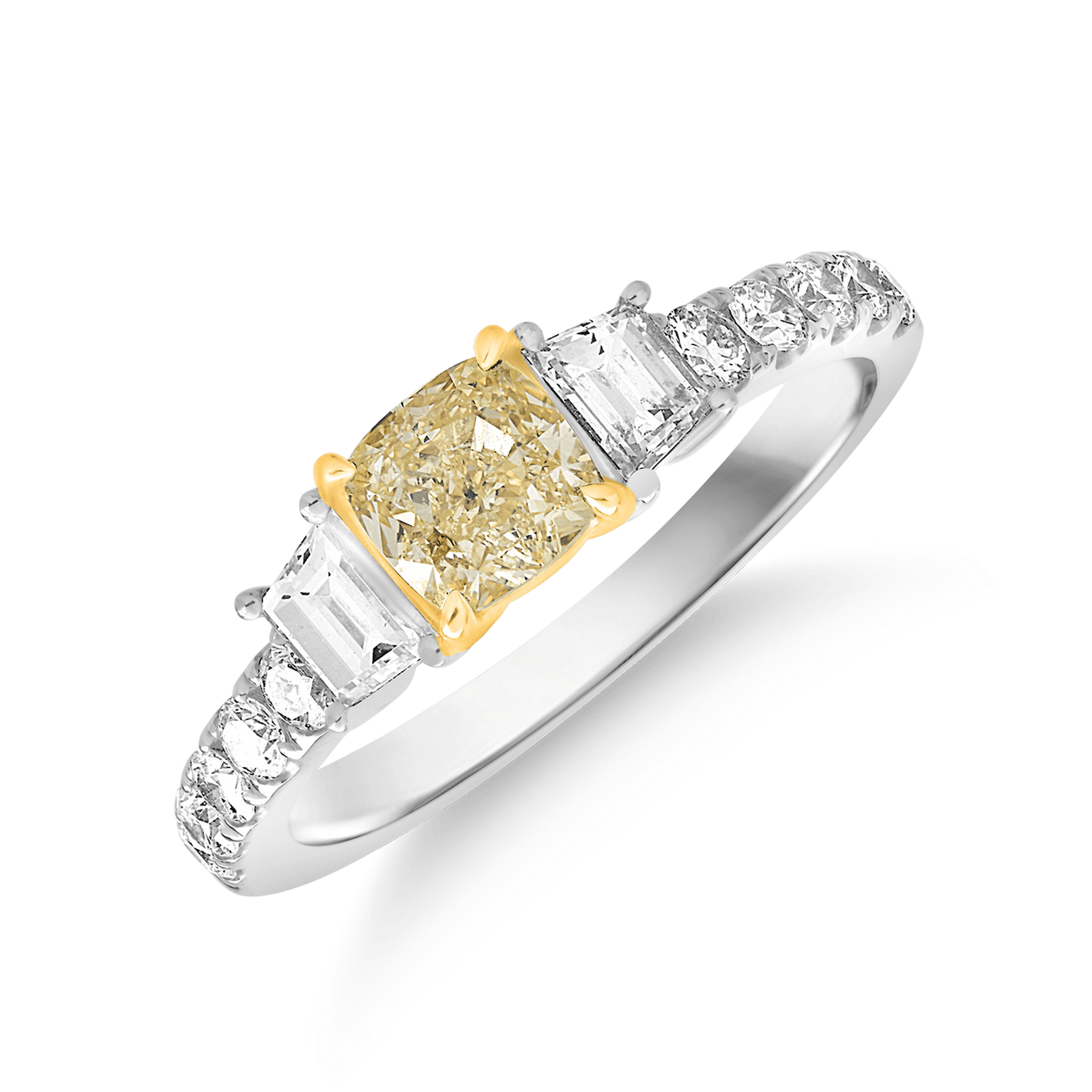 Inel de logodna din aur alb de 18K cu diamant galben de 1ct si diamante de 0.48ct