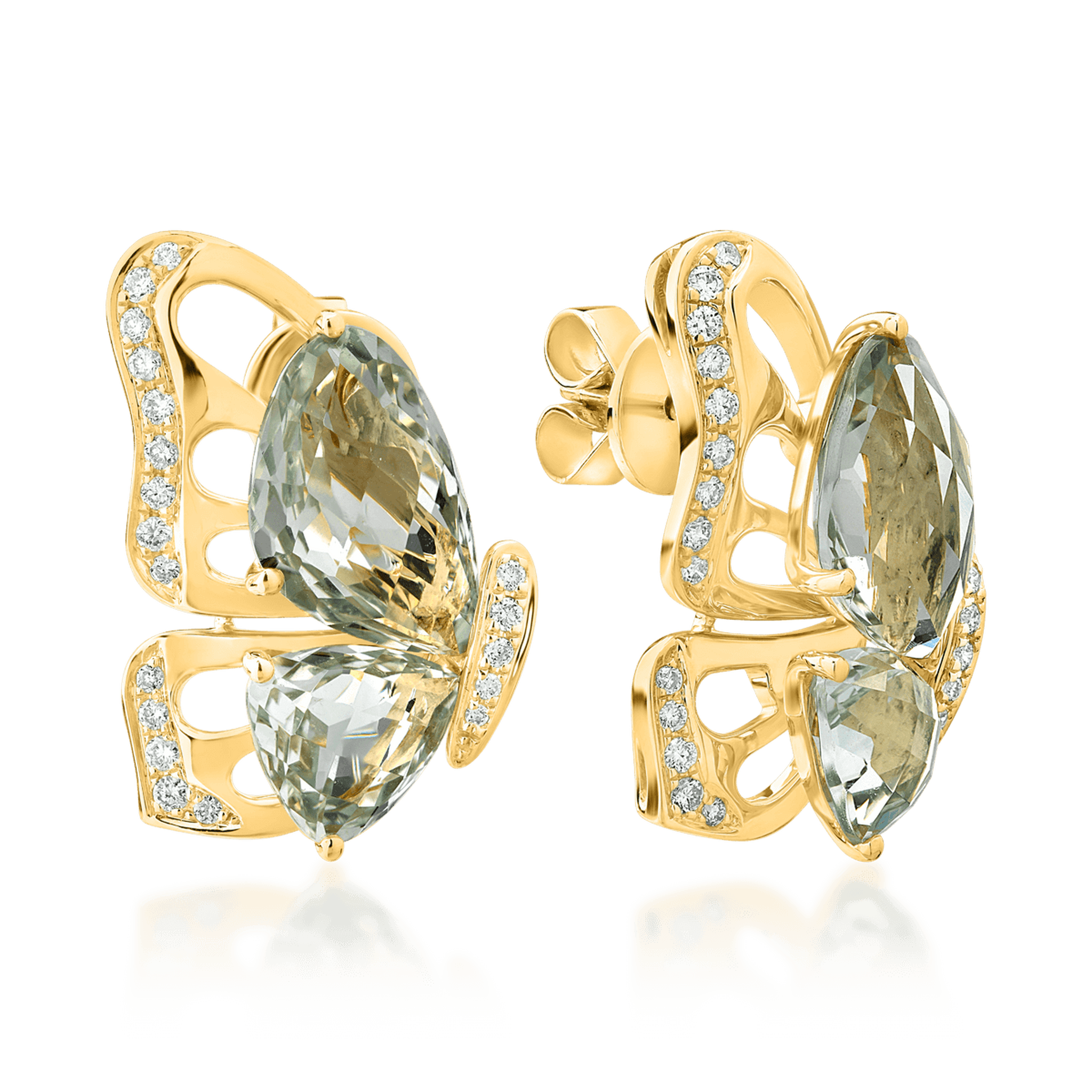 Cercei fluture din aur galben de 18K cu ametiste verzi de 7.7ct si diamante de 0.28ct