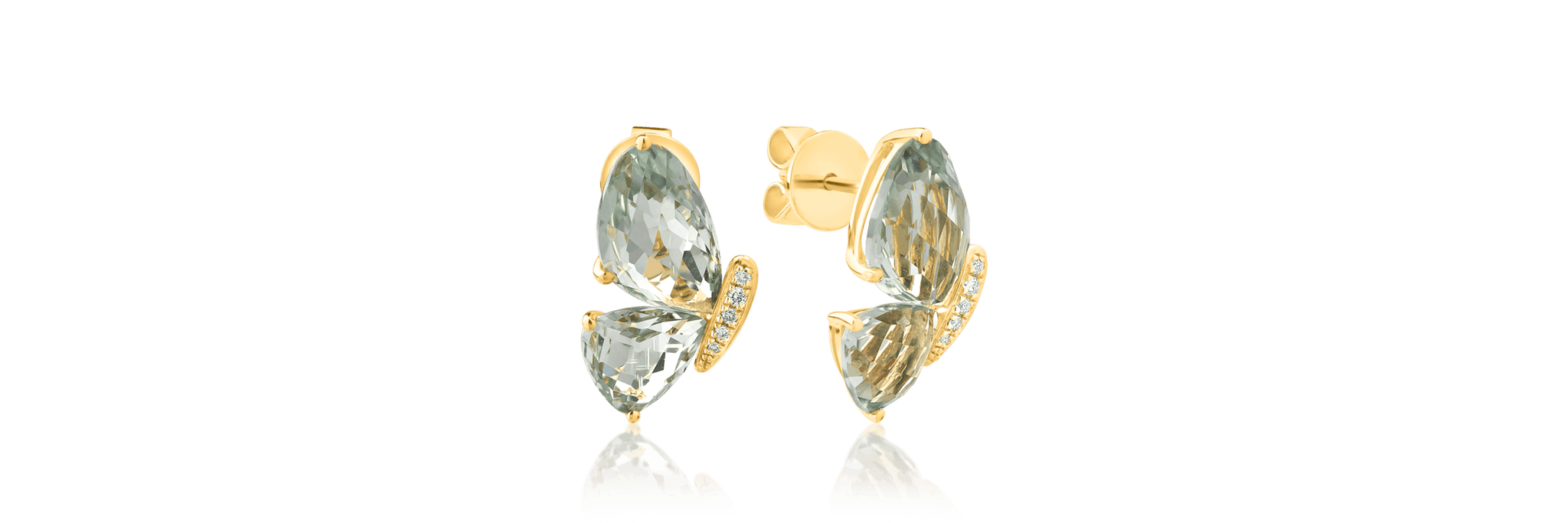 Cercei fluture din aur galben de 18K cu ametiste verzi de 8.5ct si diamante de 0.06ct