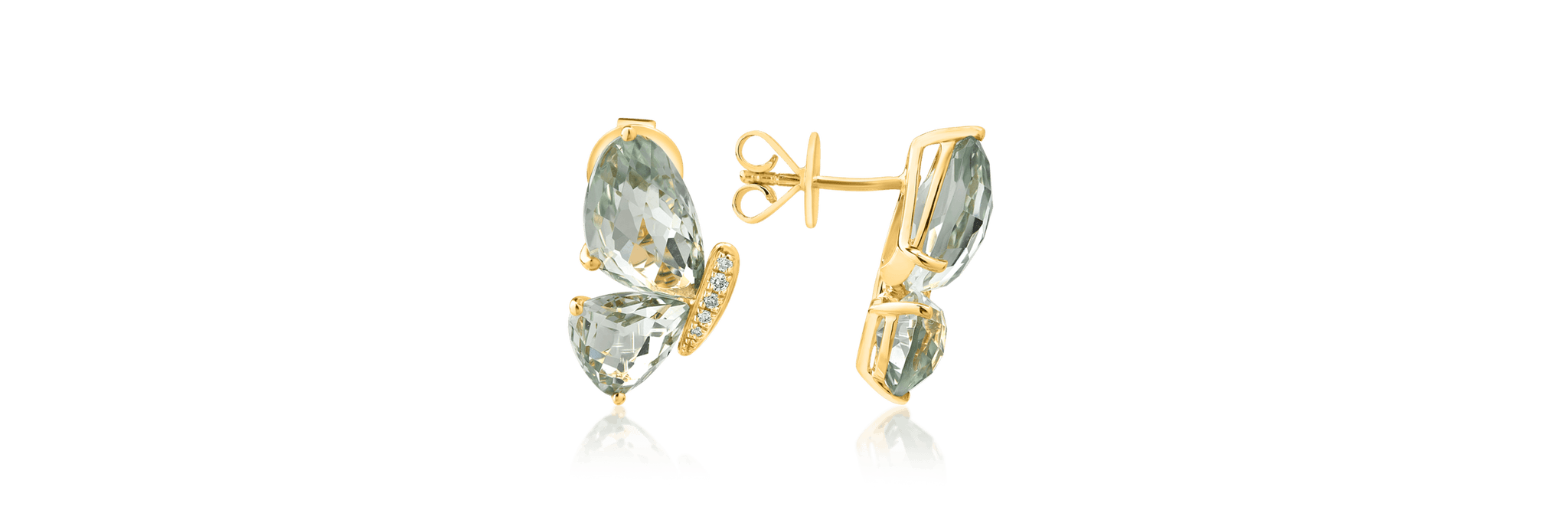 Cercei fluture din aur galben de 18K cu ametiste verzi de 8.5ct si diamante de 0.06ct