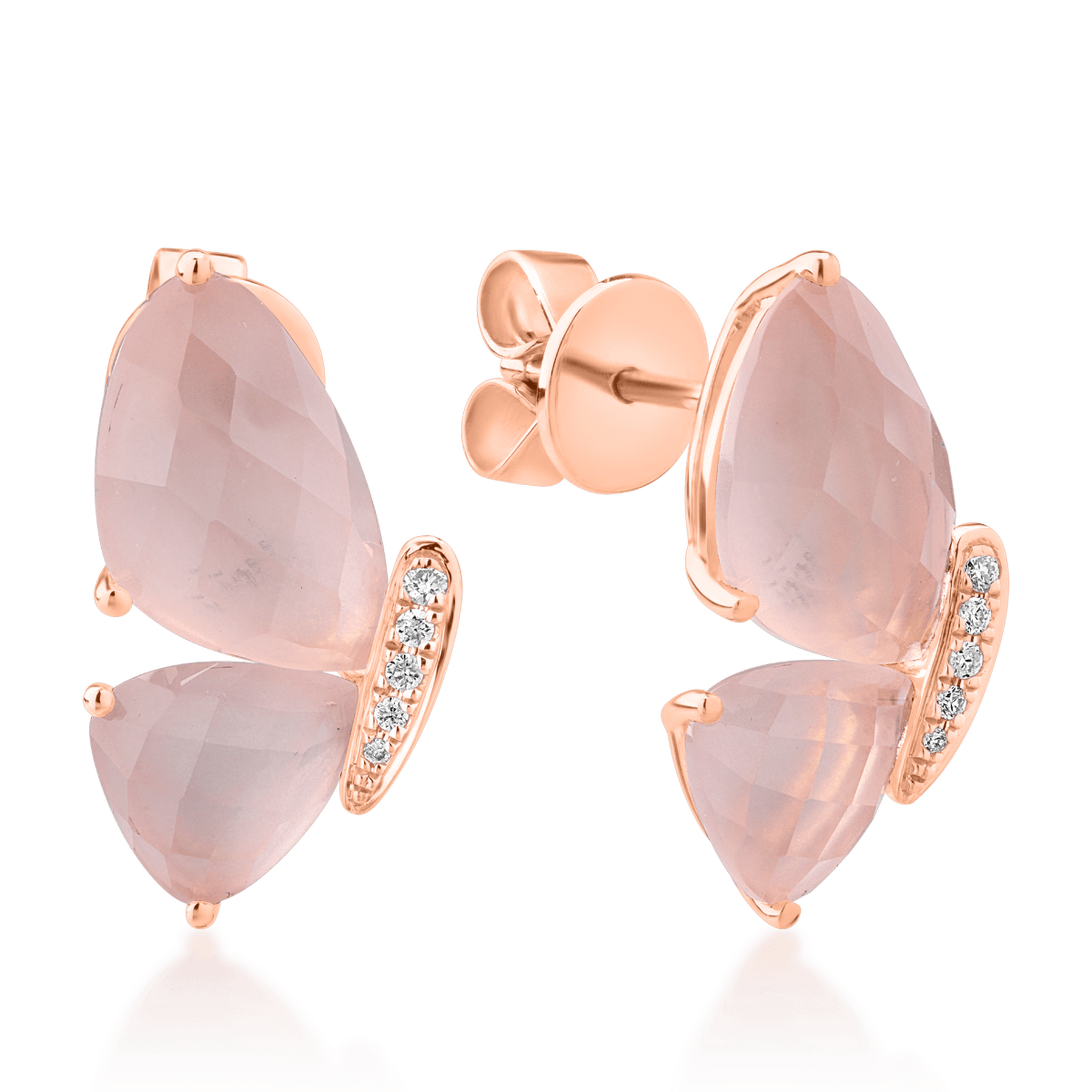 Cercei fluture din aur roz de 18K cu quartz trandafiriu de 8.2ct si diamante de 0.06ct