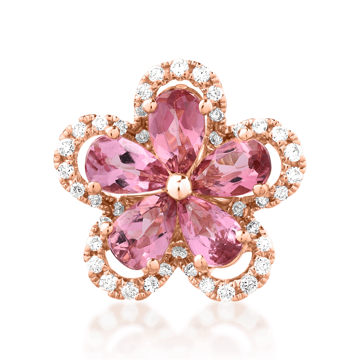 Pandant floare din aur roz de 18K cu turmaline roz de 1ct